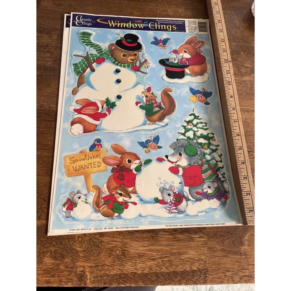 3 Christmas Vinyl Window Clings 2002 Santa Present Snowman Bunnies Bear Angel